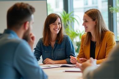 Petit groupe d’apprenants souriants en classe collaborative à Lille